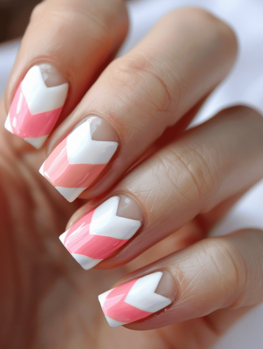 Chevron stripes in white and pastel pink nails
