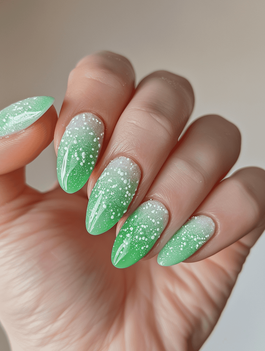 Green gradient with white speckle accent nail design
