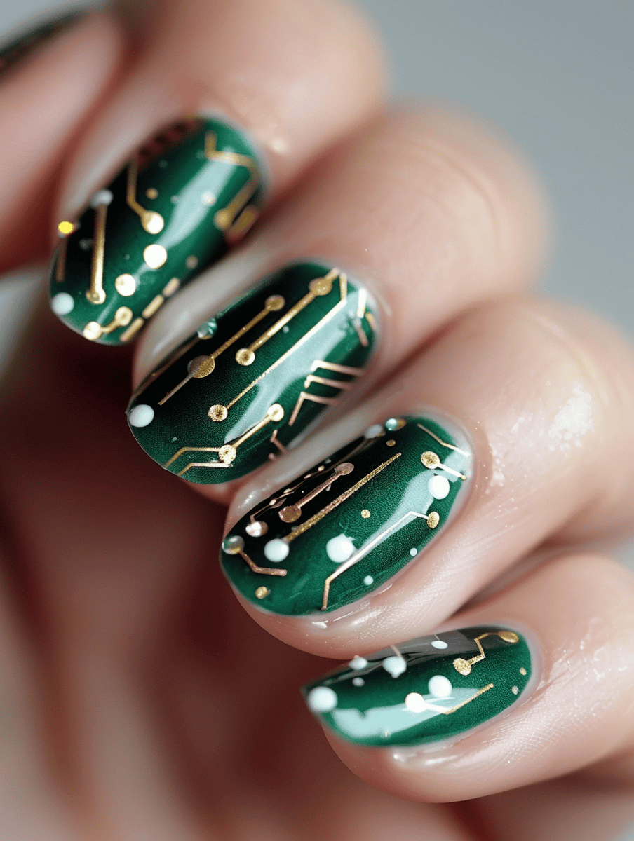 Deep green base with gold metallic traces and white solder dots