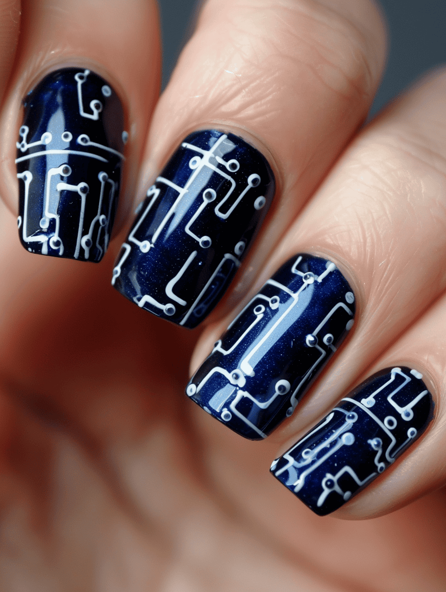 Midnight blue base with intricate silver circuit patterns connecting across nails.