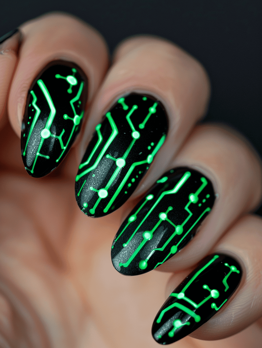 Black base with sharply defined neon green circuit lines, UV light reactive