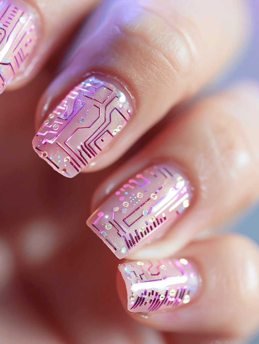Light pink nails with holographic circuitry overlays