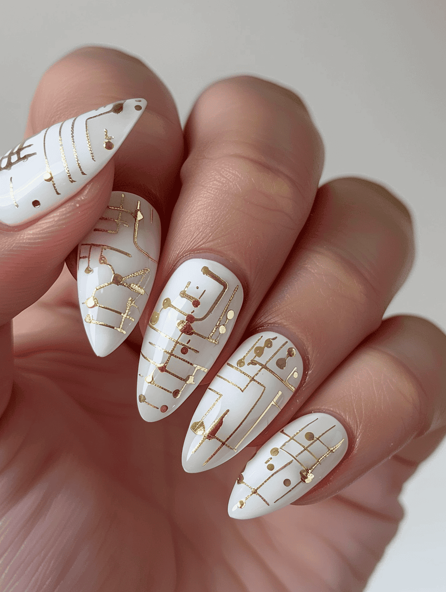  White almond nails with gold circuit lines