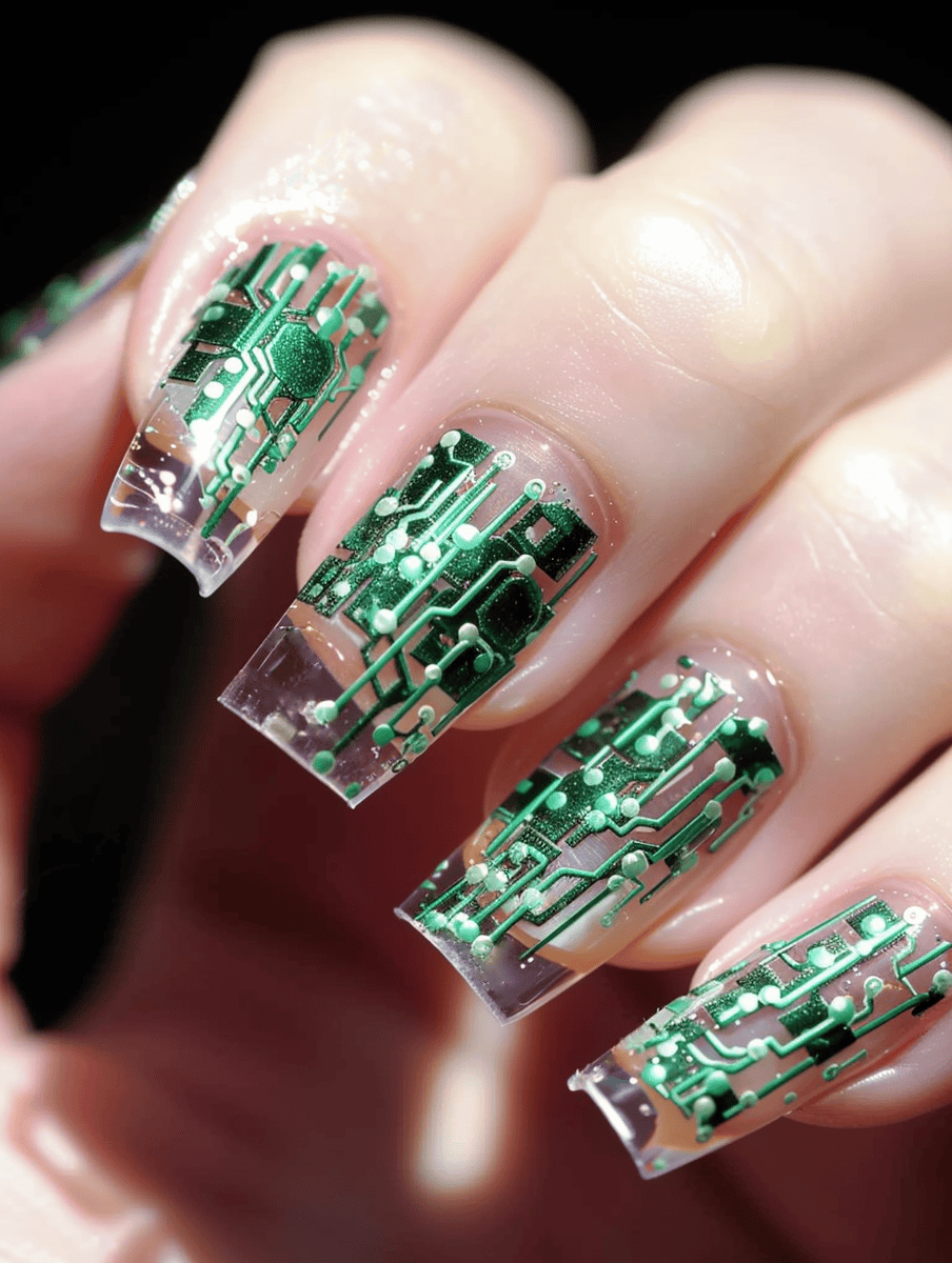 Transparent nails with embedded green circuitry