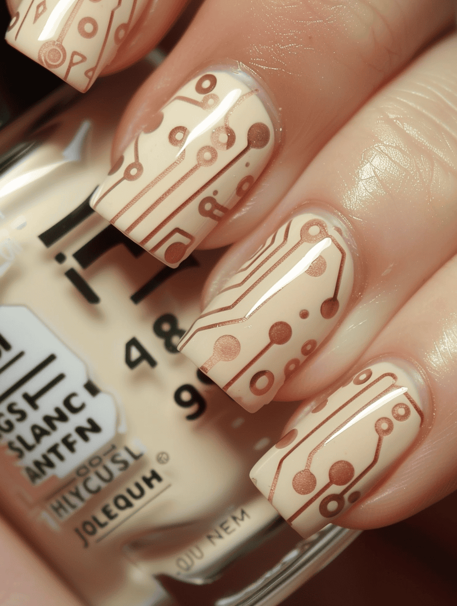 Soft Beige Nails With Finely Interwoven Circuit Designs