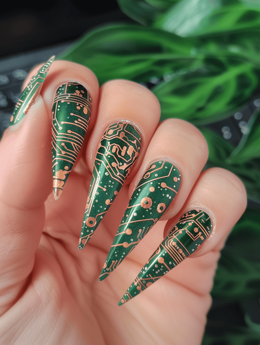 Stiletto nails with copper tracks