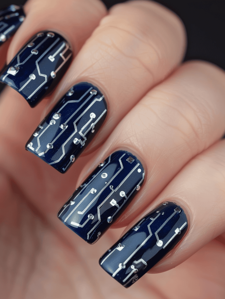 Navy blue nails with shiny silver foil circuit patterns