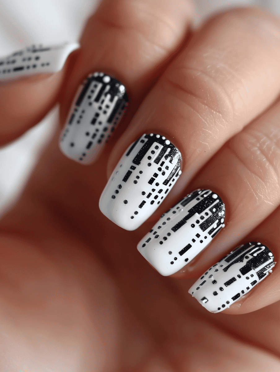 Nail art design inspired by technology. Black and white binary code sequences