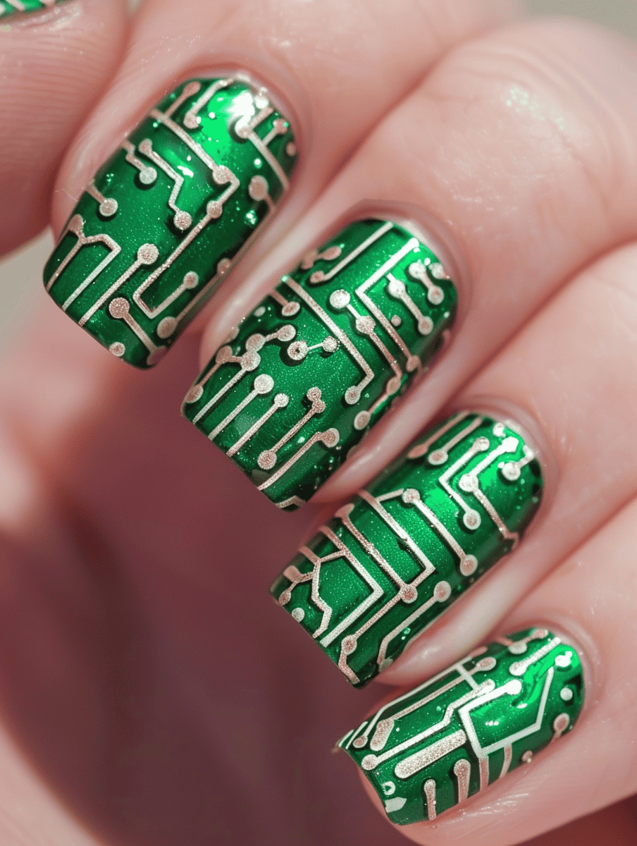 Nail art design inspired by technology. Green and metallic gold circuit board pattern