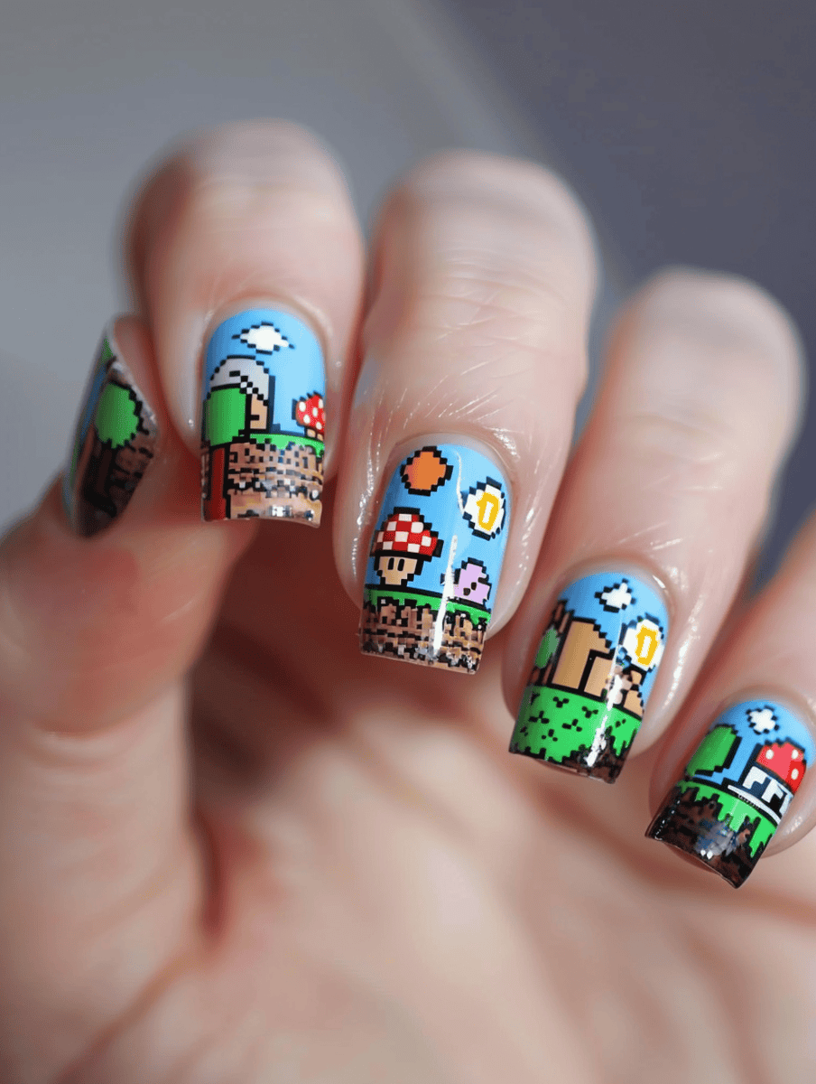 Nail art design inspired by technology. Colorful pixel art from retro video games