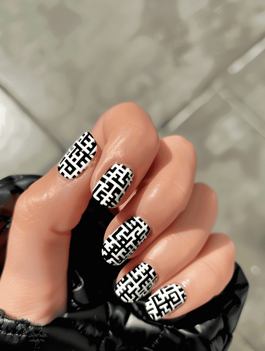 Nail art design inspired by technology. Scannable QR code a white background