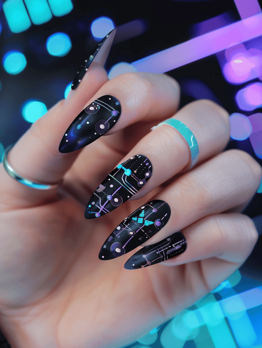 Nail art design inspired by technology. Futuristic augmented reality interface pattern, neon accents