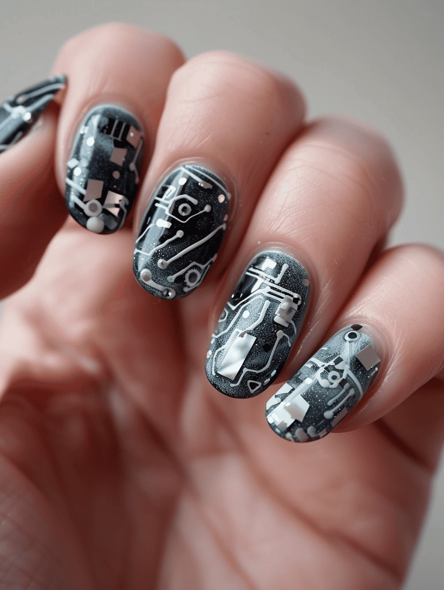 Nail art design inspired by technology. Silicon chip pattern in grey and silver