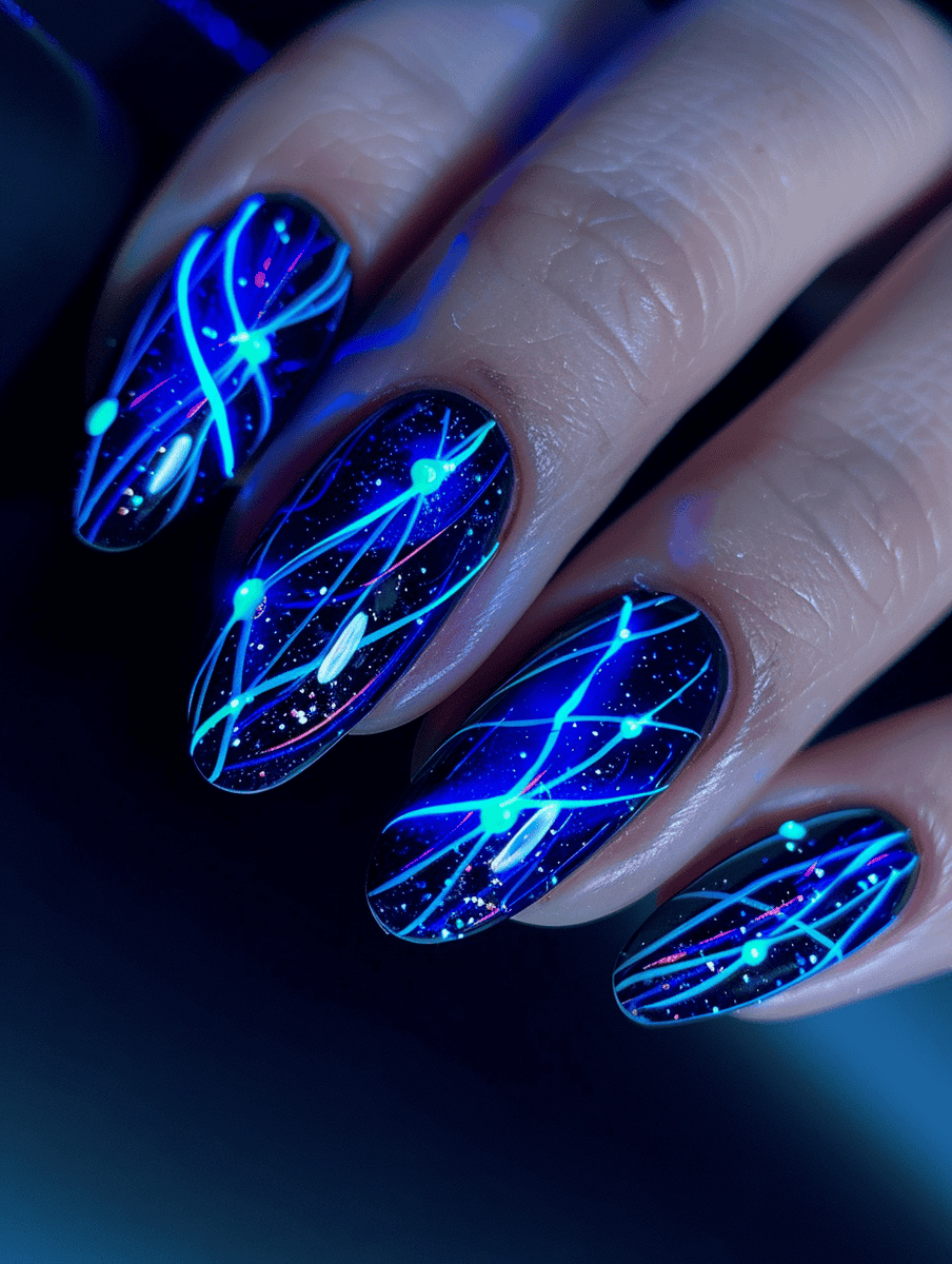 Nail art design inspired by technology. Glowing fiber optic threads on dark background