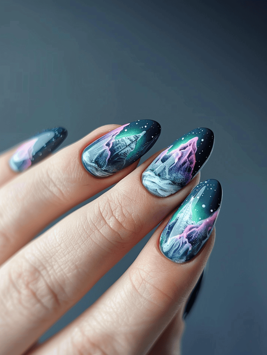 mountain landscape nail art with Northern Lights over snowy peaks