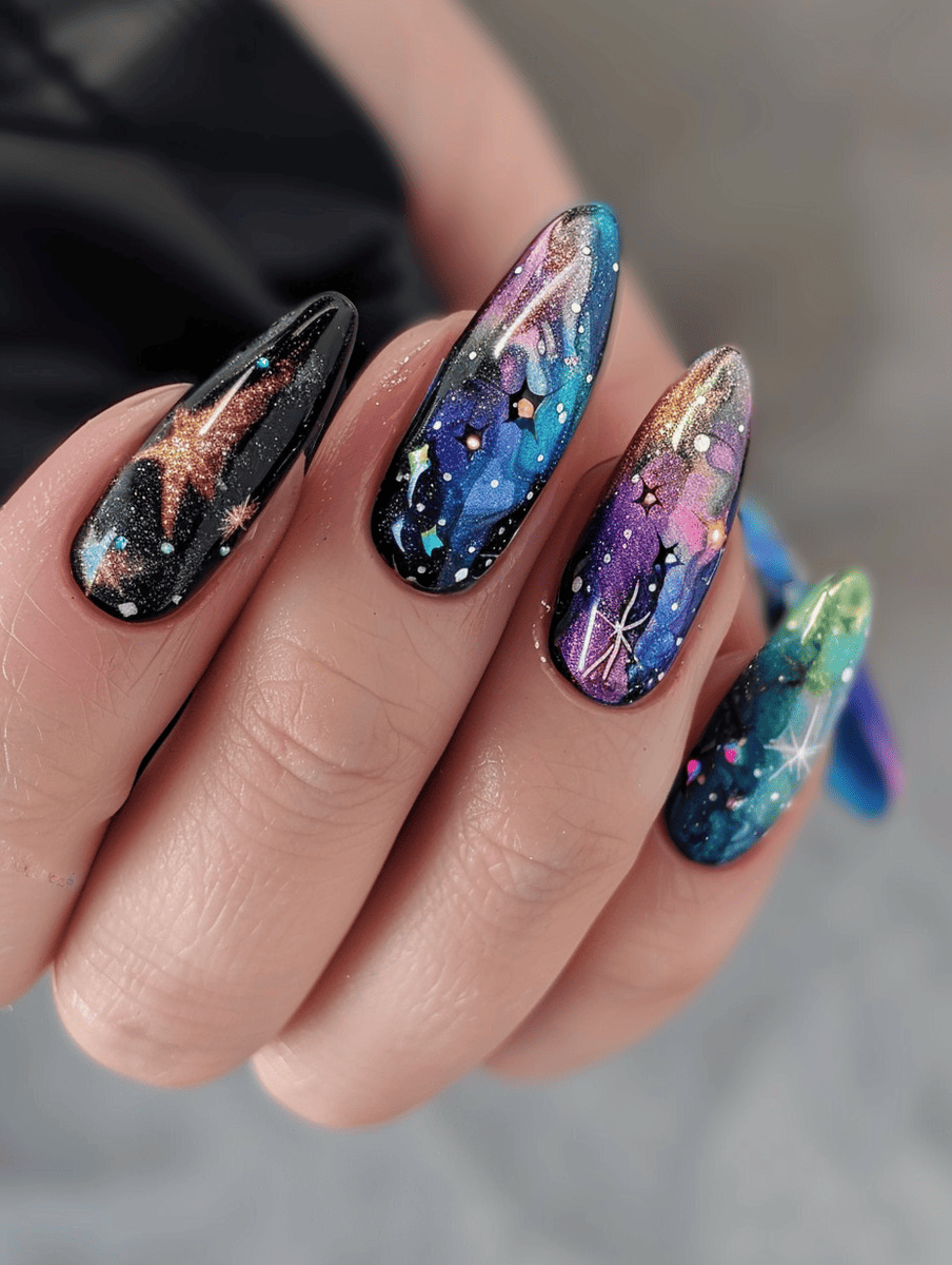 abstract nail art with galaxy glitter dreams
