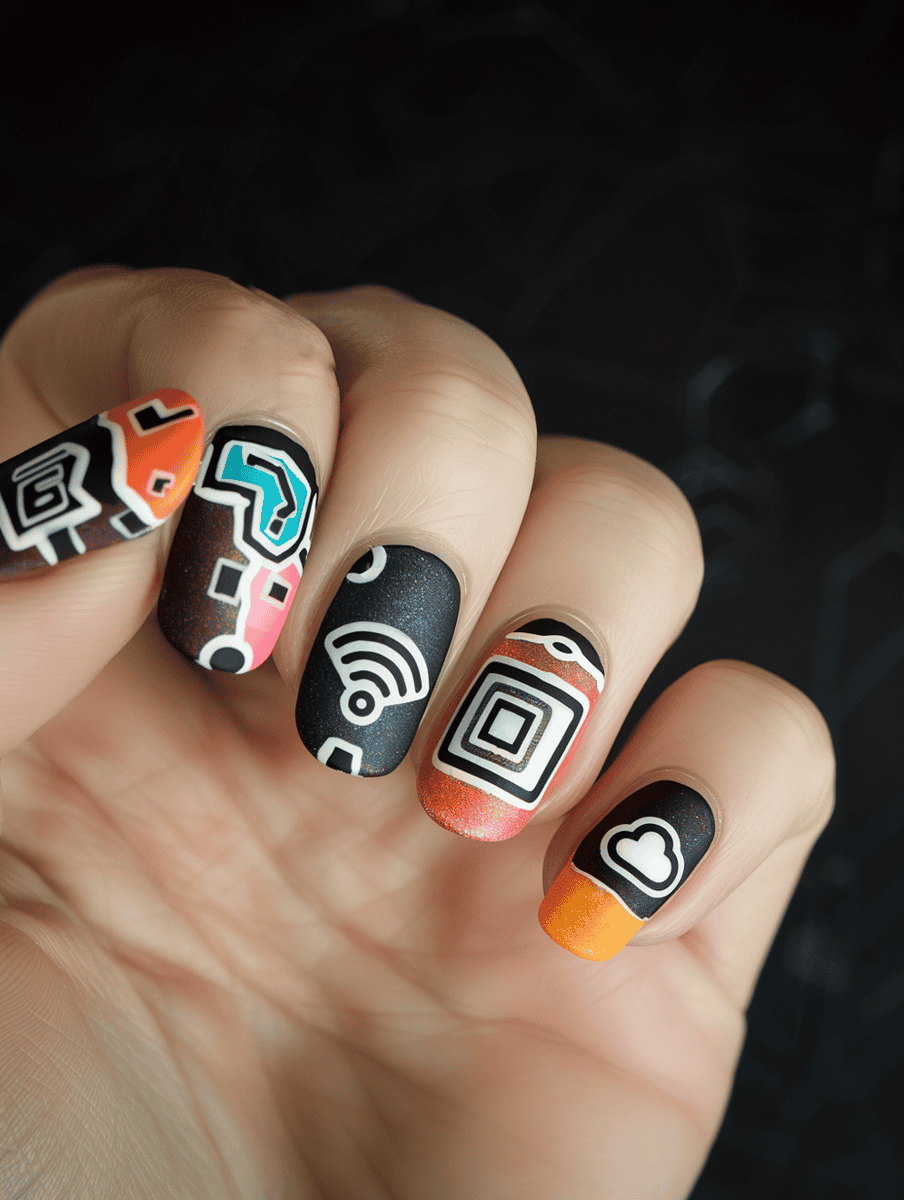 Nail art design inspired by technology. User interface icons: power button, Wi-Fi signal, battery icon