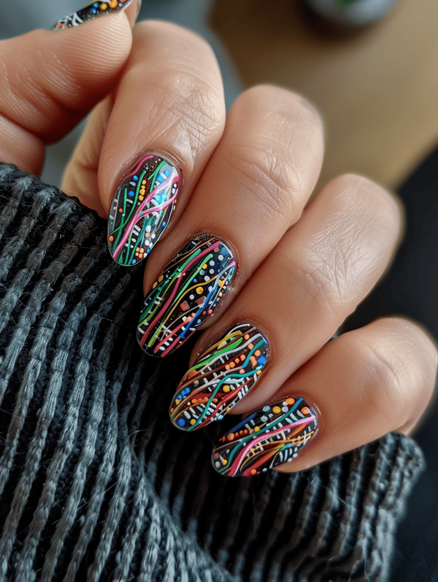 Nail art design inspired by technology. Multicolored cable wiring on neutral background