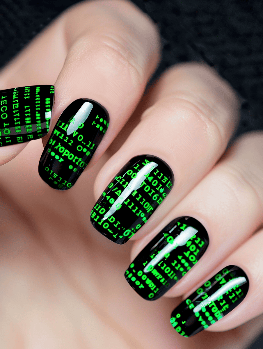 Nail art design inspired by technology. Streaming code pattern in neon green on black