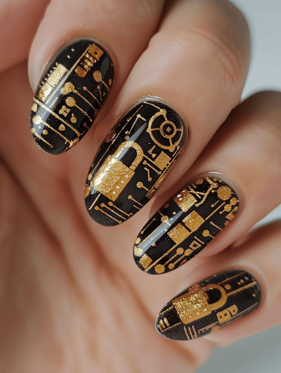 Nail art design inspired by technology. Data encryption locks and coded messages in gold and black