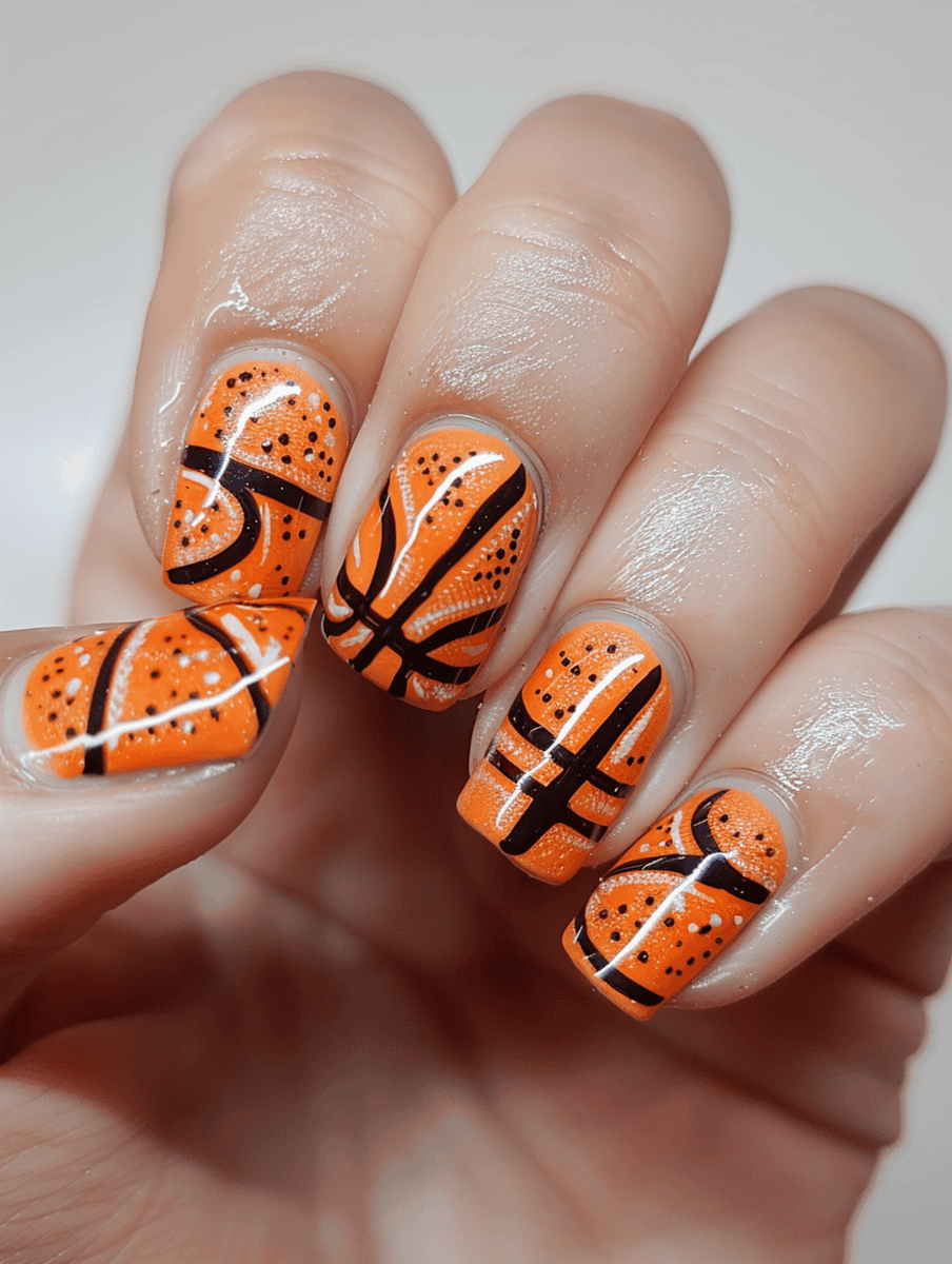 Sports-themed nail art design with  basketball lines