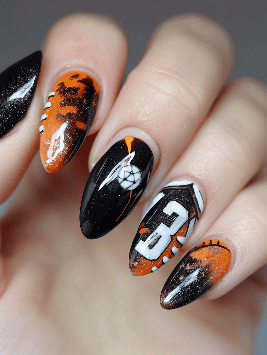 Sports-themed nail art design with jersey and number