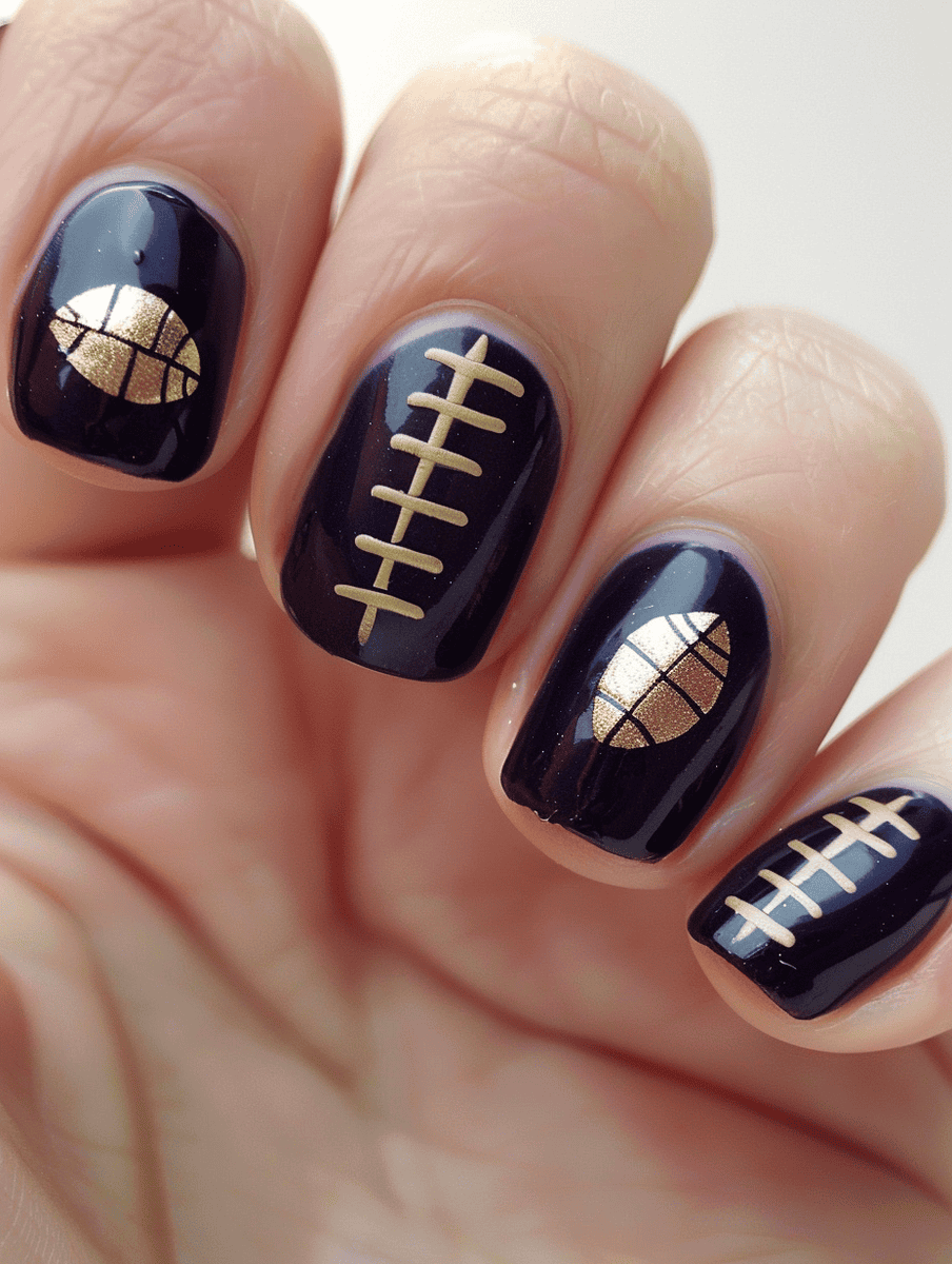 Football-inspired nail art with a glossy base, featuring a gold football and laces