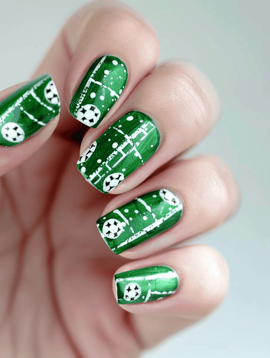 Sports-themed nail art design with a minimalist soccer field