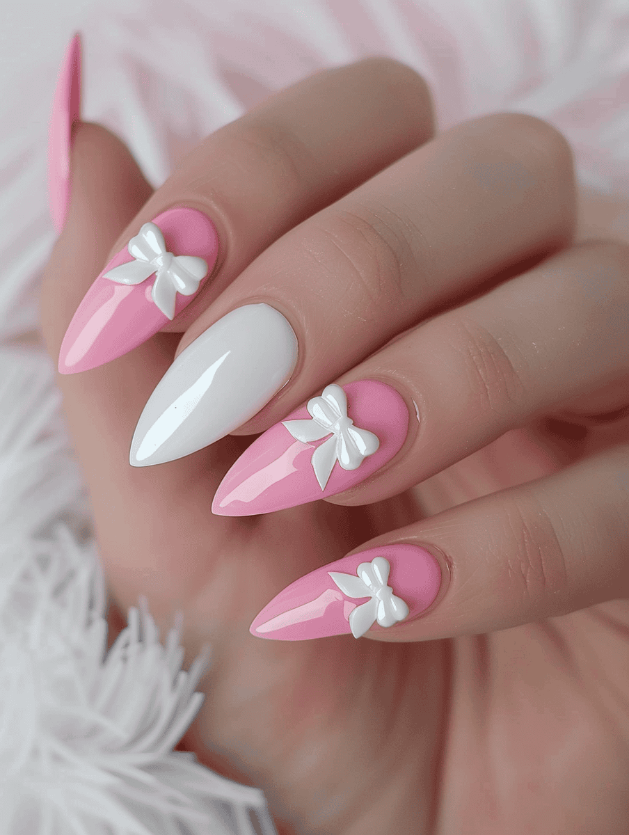 prom nail inspo. pink base with white bows