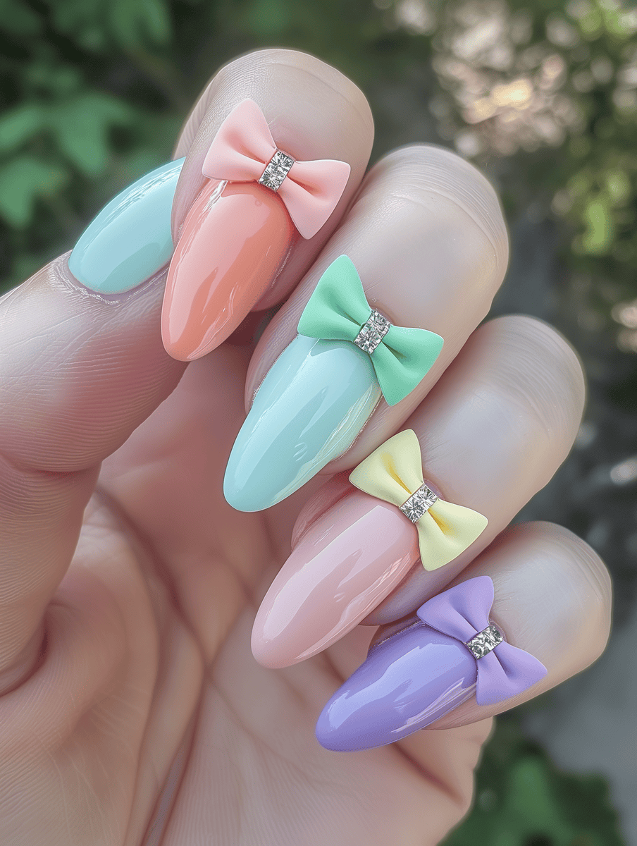 prom nail inspo. pastel rainbow bows