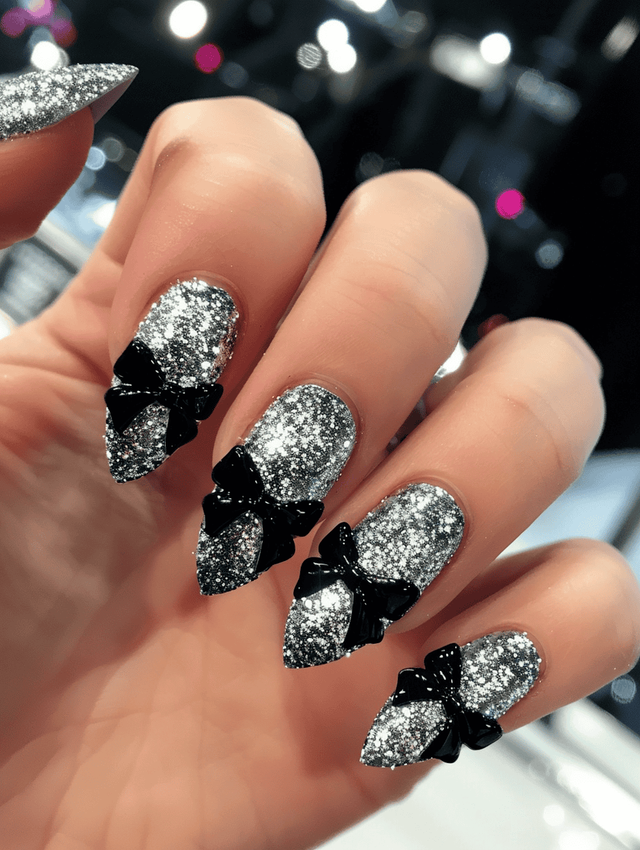 prom nail inspo. silver glitter with black bows