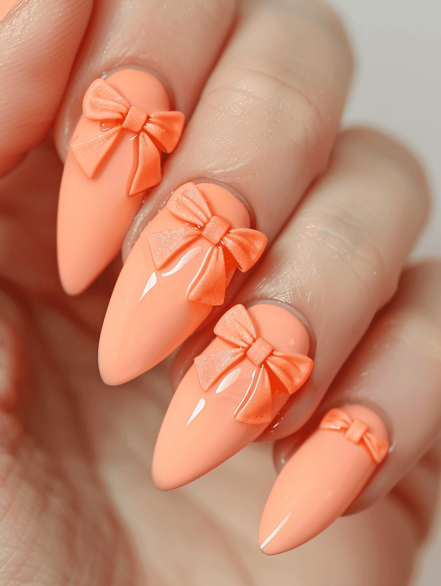 prom nail inspo. peach nails with peace bows