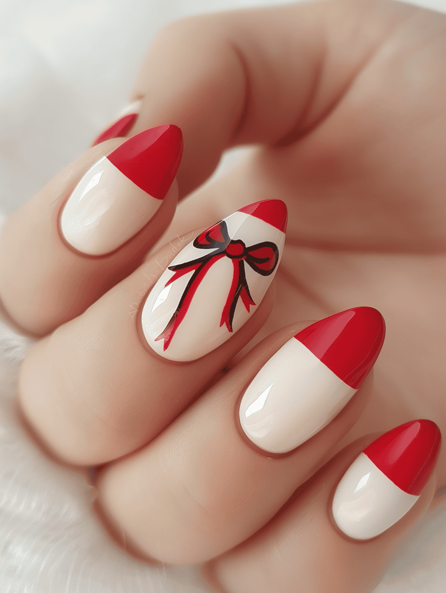 prom nail inspo with bows. ivory nails with a red bow 
