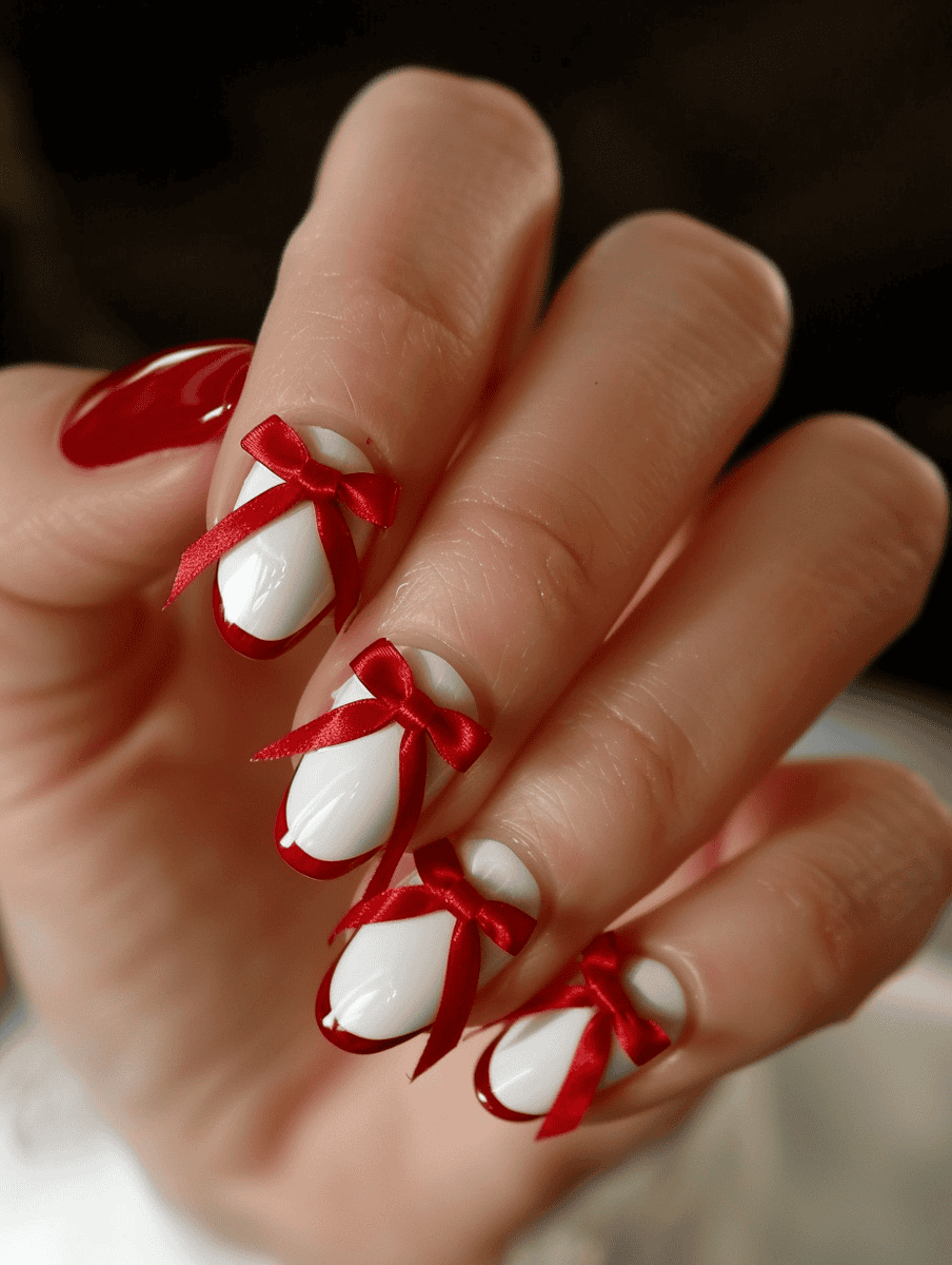 prom nail inspo. French manicure with red bows