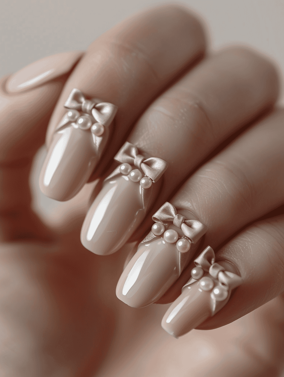 prom nail inspo. soft beige with pearl bows