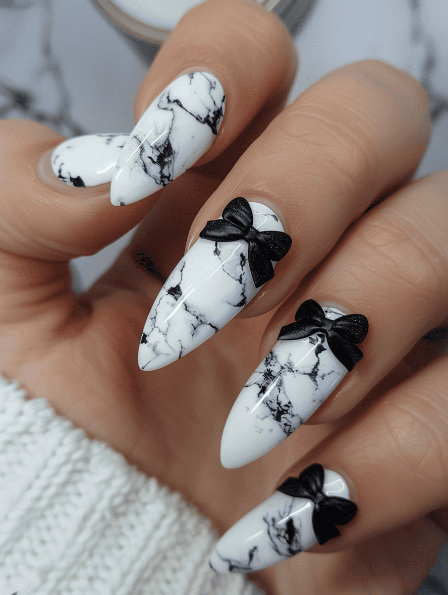 prom nail inspo. white marble with black bows