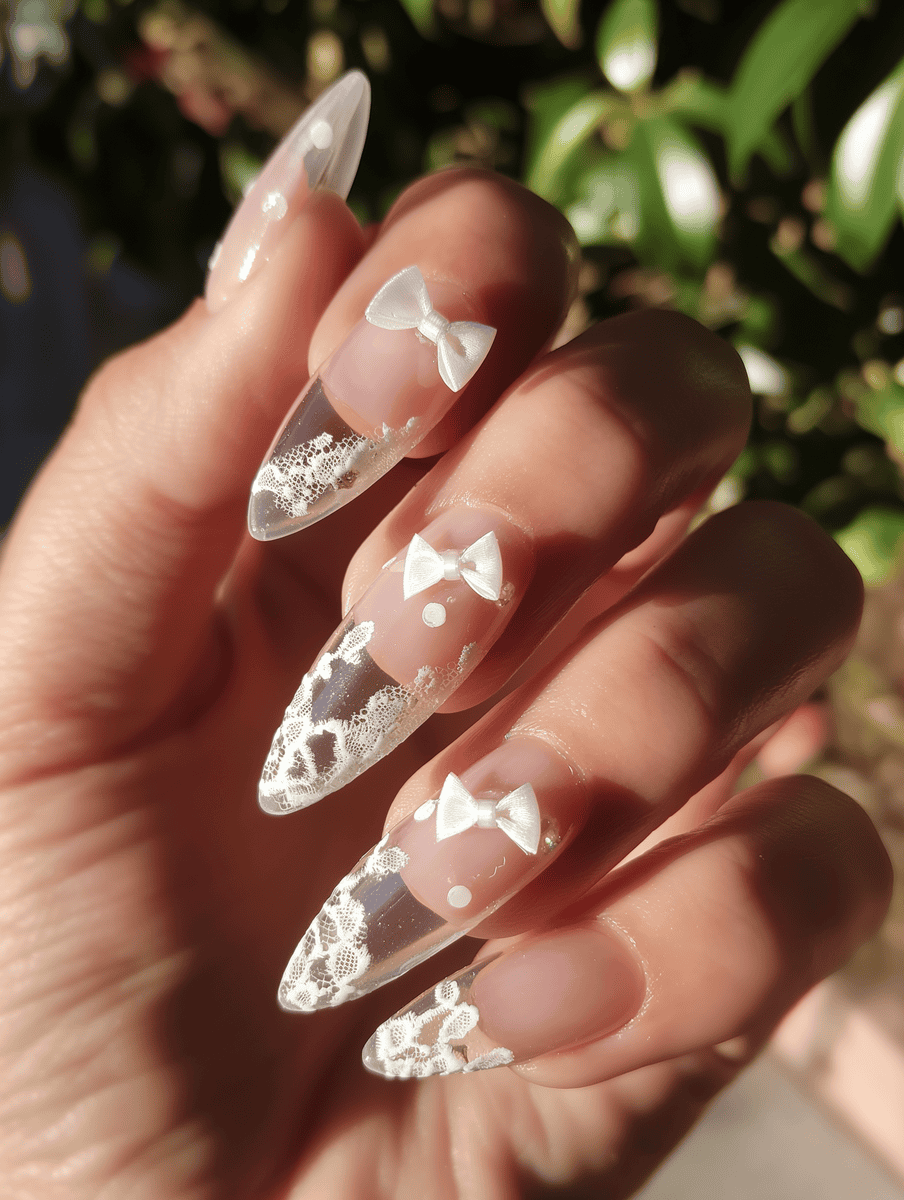 prom nail inspo. transparent nails with lace patterns and bows