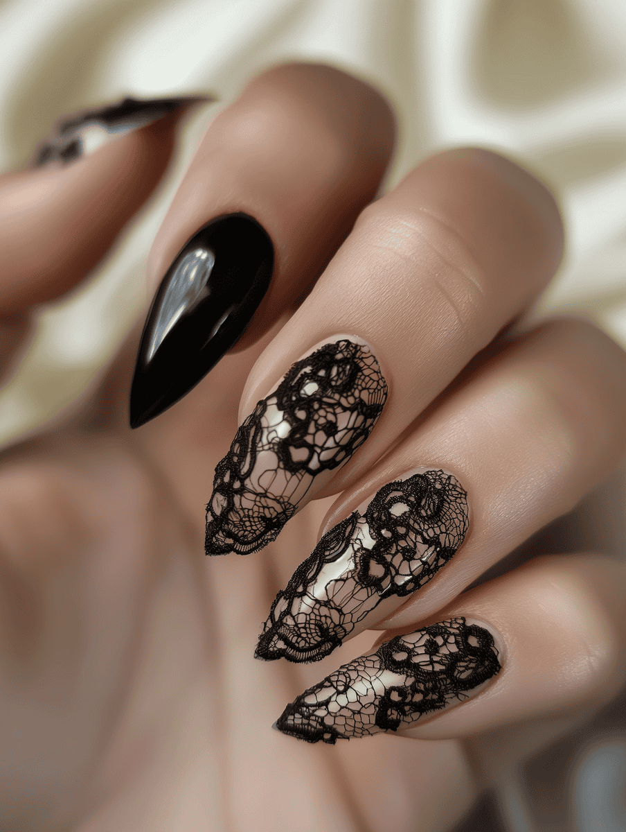 nail art with lace detailing. Black lace over nude nails
