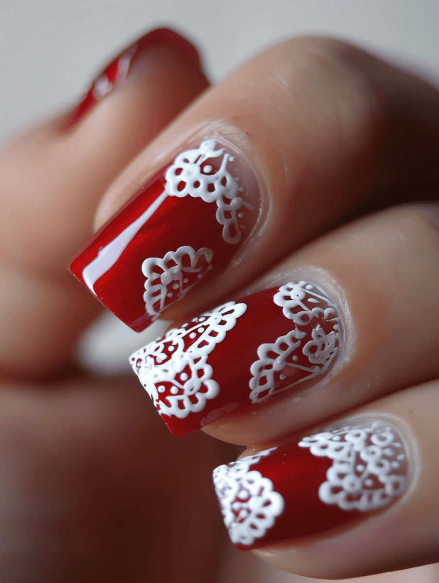 nail art with lace detailing. Classic white lace on red nails