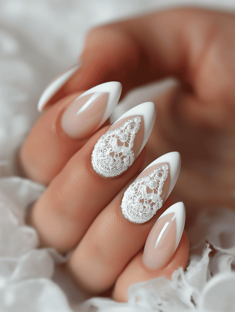 nail art with lace detailing. French tip with white lace
