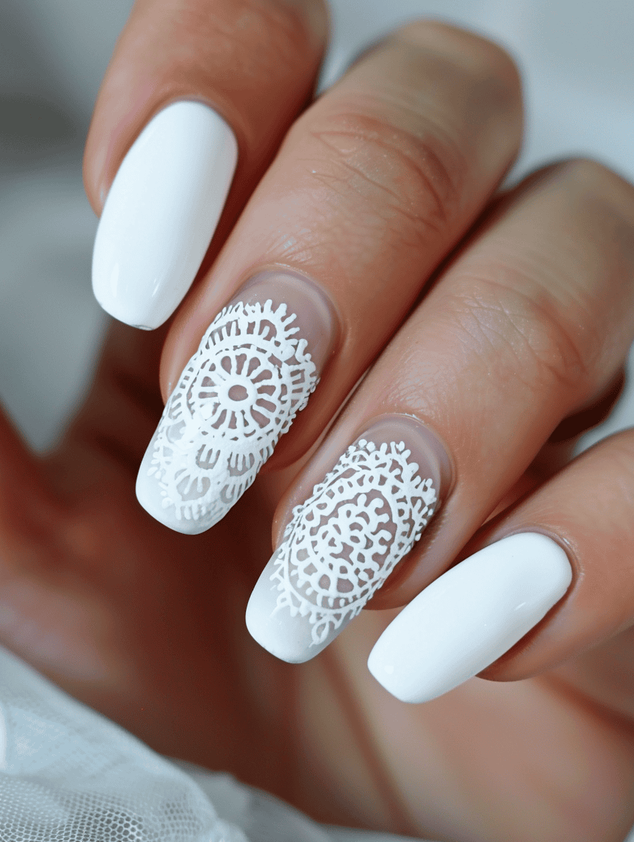 nail art with lace detailing. Lace mandala on white nails