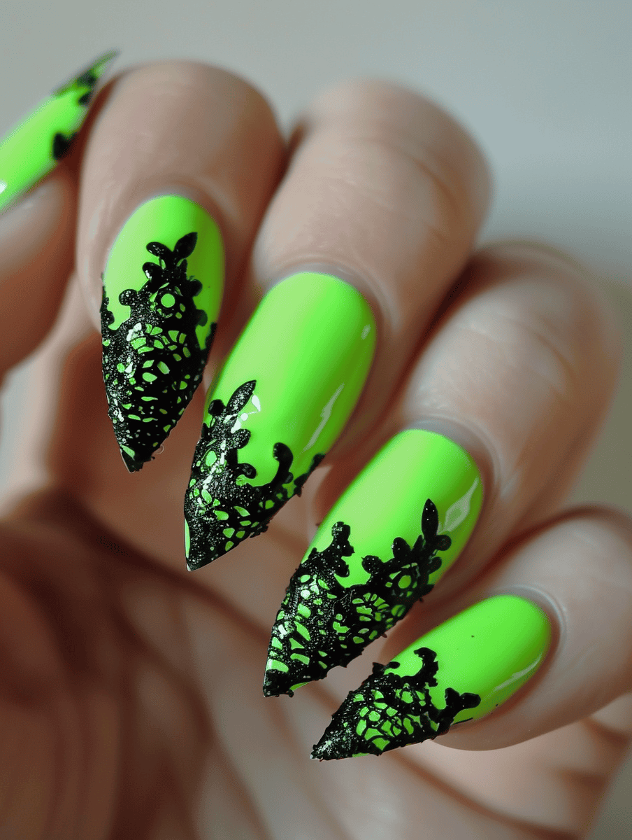 nail art with lace detailing. Neon green with black lace overlay