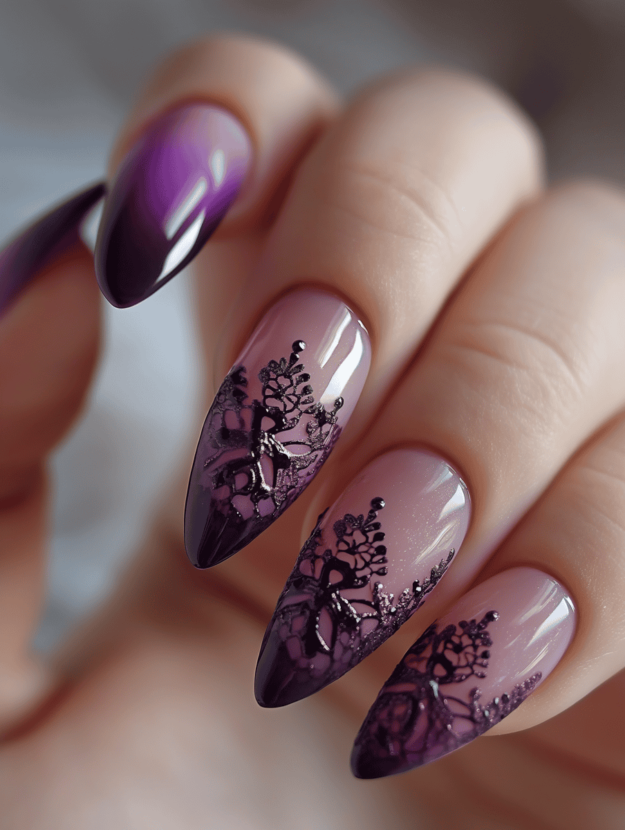 nail art with lace detailing. Gradient purple with lace tips