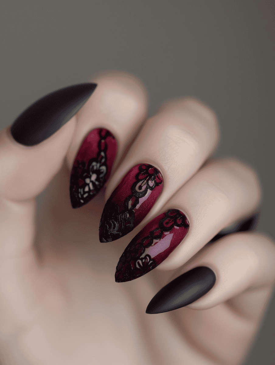 nail art with lace detailing. black lace on burgundy nails