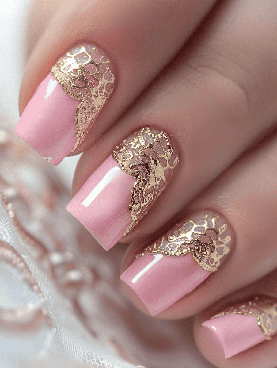 nail art with lace detailing. Pink nails with gold lace highlights