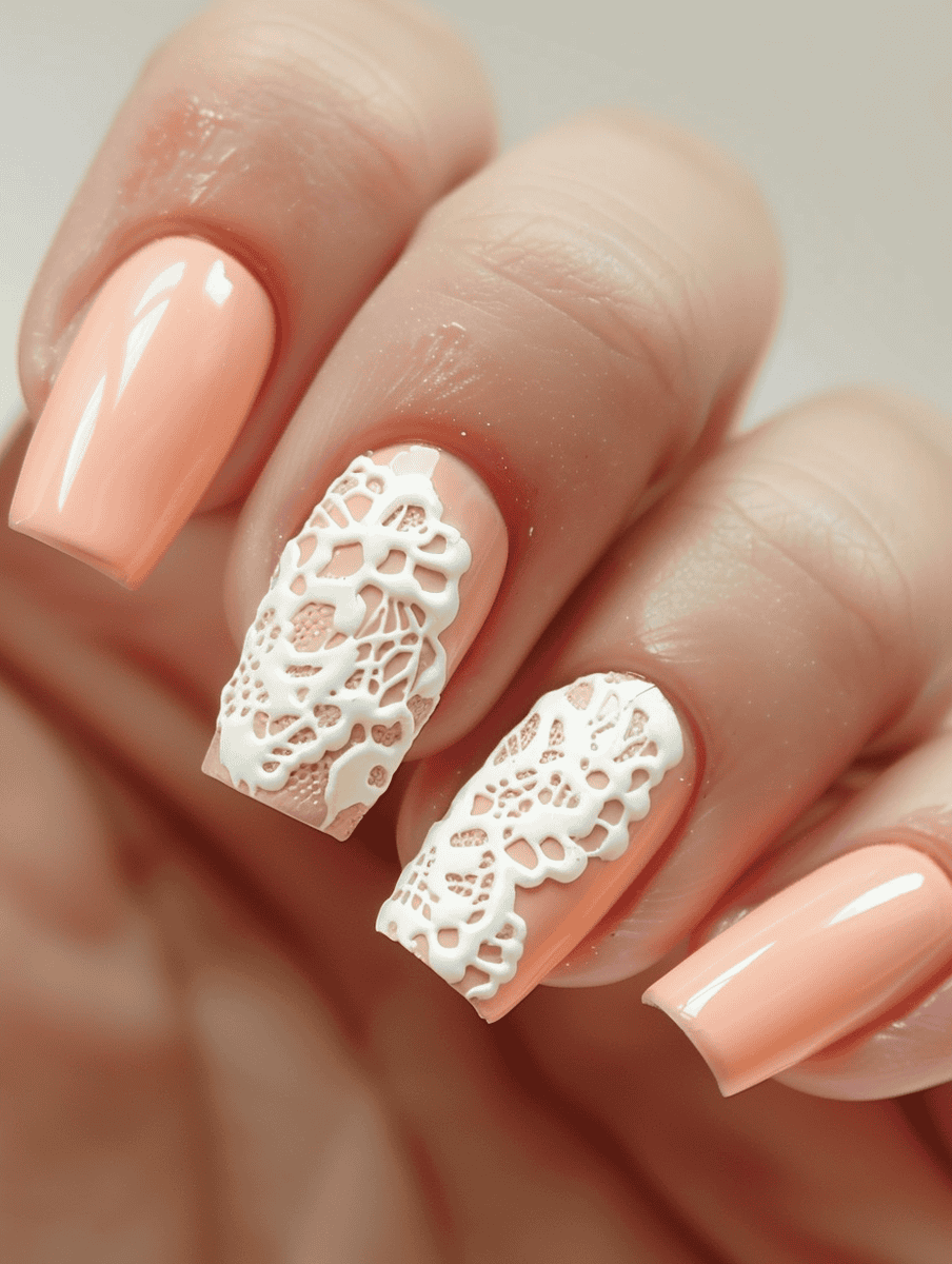 nail art with lace detailing. Peach nails with cream lace art