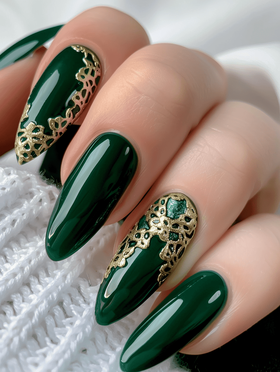 nail art with lace detailing. Emerald green with gold lace accents