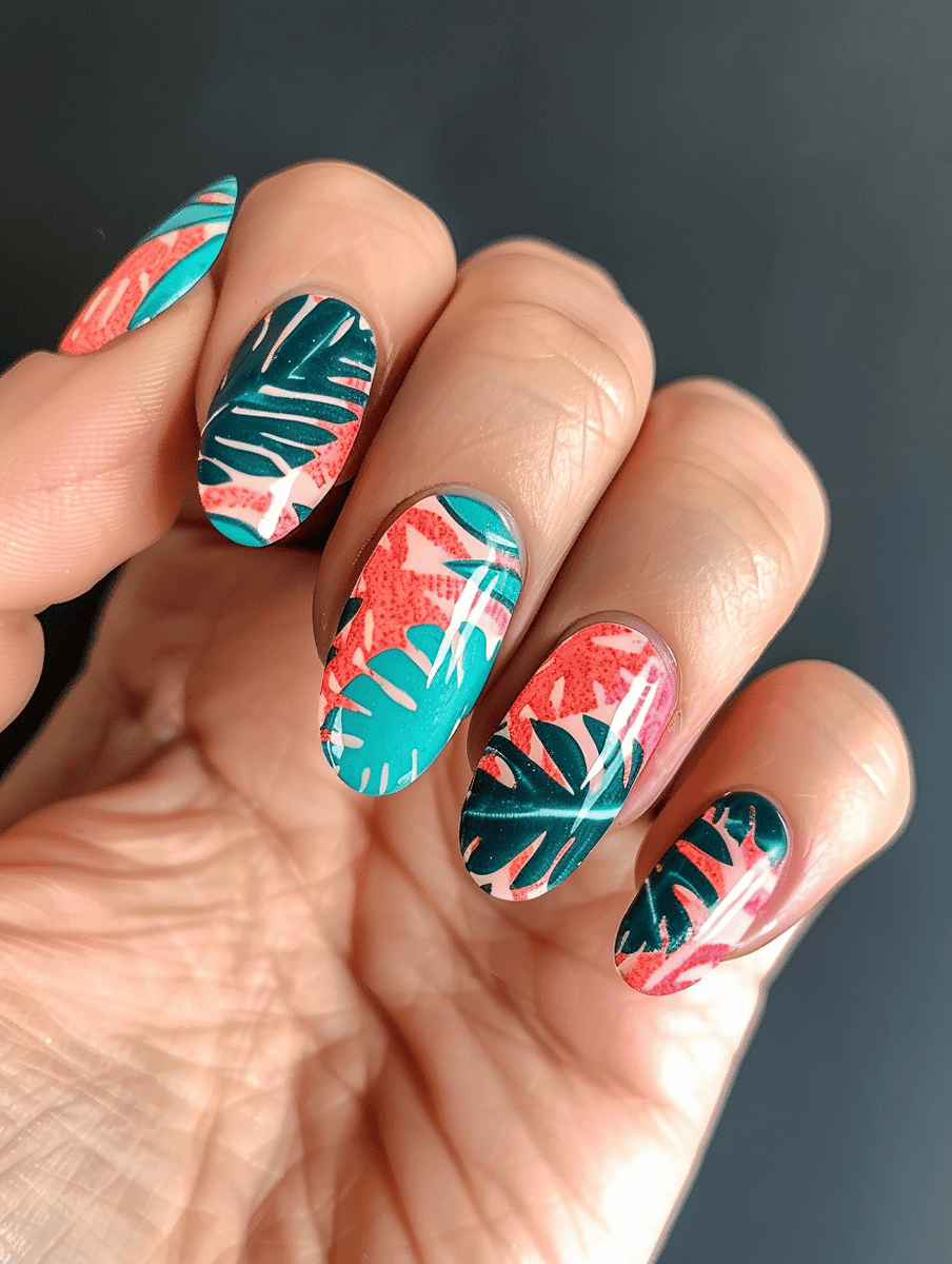 Teal and coral nail design featuring bold tropical palm leaf patterns with vivid contrasts