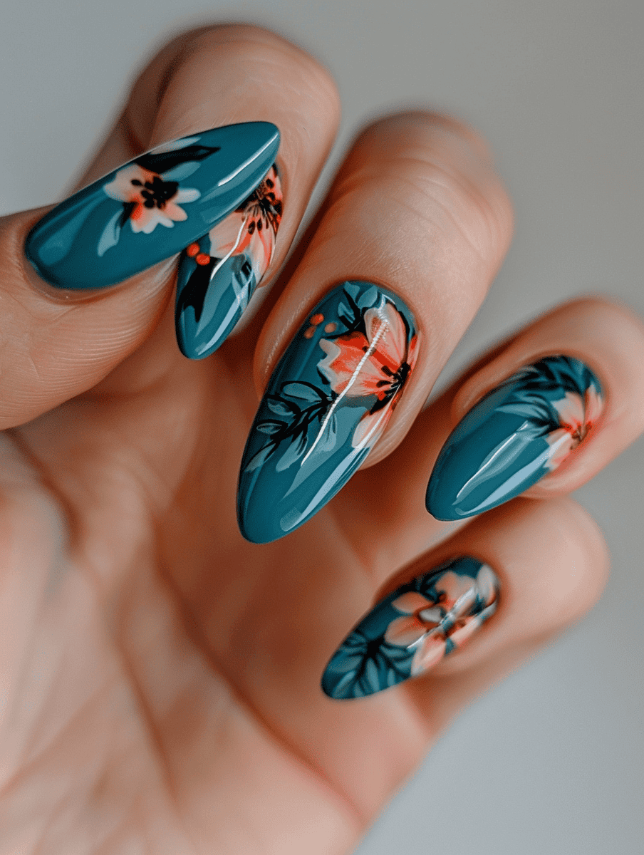 Teal and coral striped nail design with teal base and coral floral accents