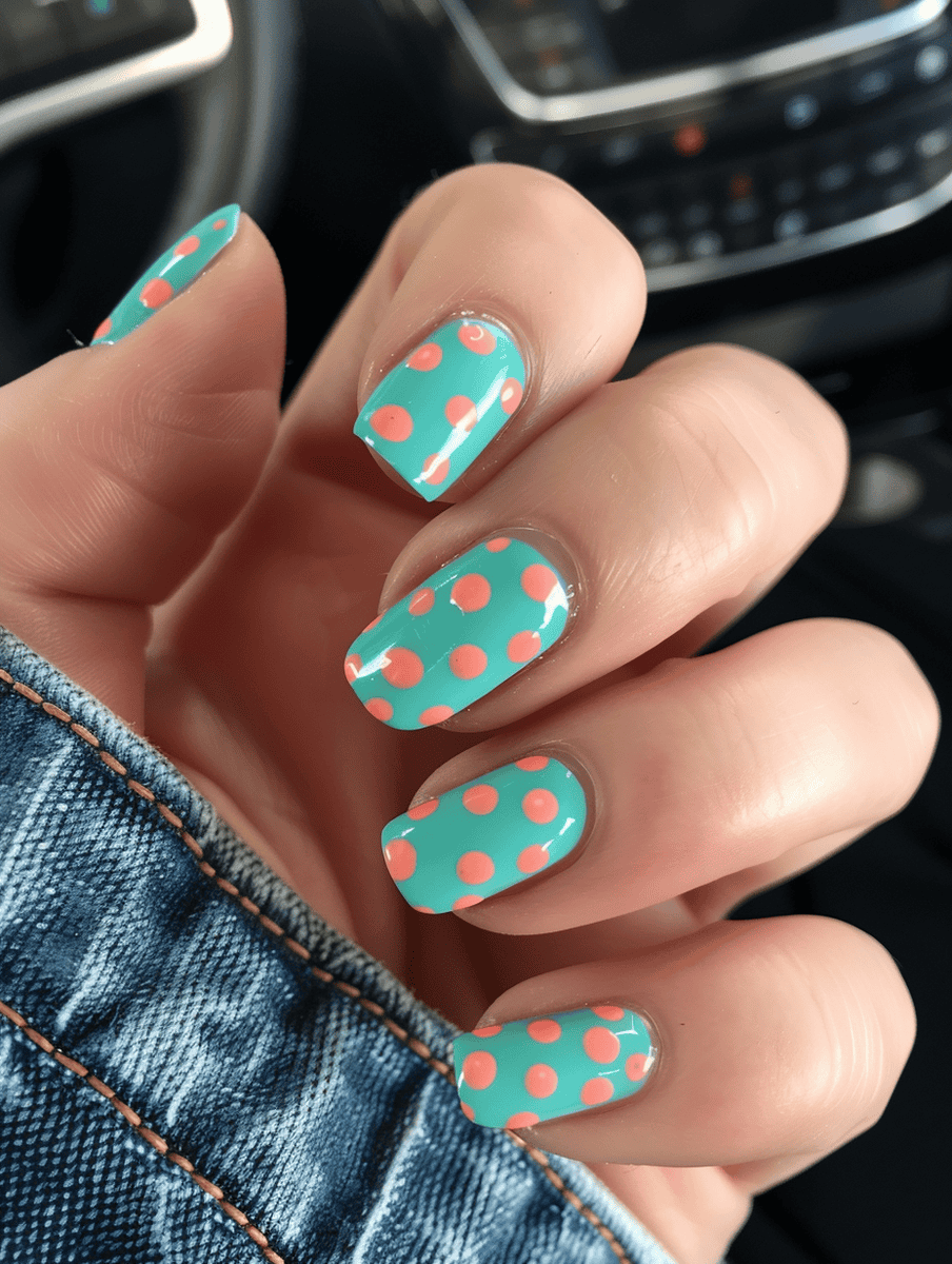 Teal nail design punctuated with cheerful coral polka dots for a playful aesthetic